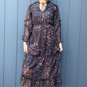 Saks Fifth Avenue black floral prairie style dress Sz XS